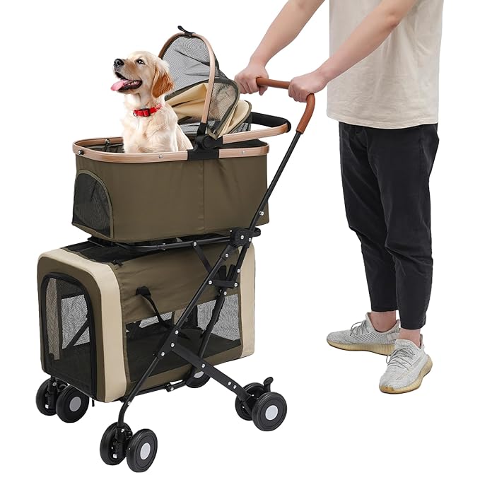 Double Pet Stroller for Dogs and Cats, Foldable Dog Stroller Travel Carriage with Detachable Carriers, Safety Belts, and 4 Lockable Wheels for Small to Medium Pets (Dark Green)