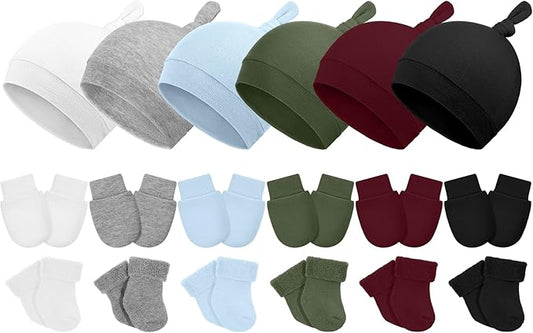 6 Pcs Preemie Hats Mittens and Socks Set Cotton Preemie Cap Knotted Hat No Scratch Warm Terry Socks for Boys Girls