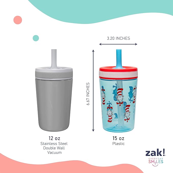 Zak Designs Dr. Seuss Kelso Toddler Cups For Travel or At Home, 15oz 2-Pack Durable Plastic Sippy Cups With Leak-Proof Design is Perfect for Kids (The Cat in the Hat)
