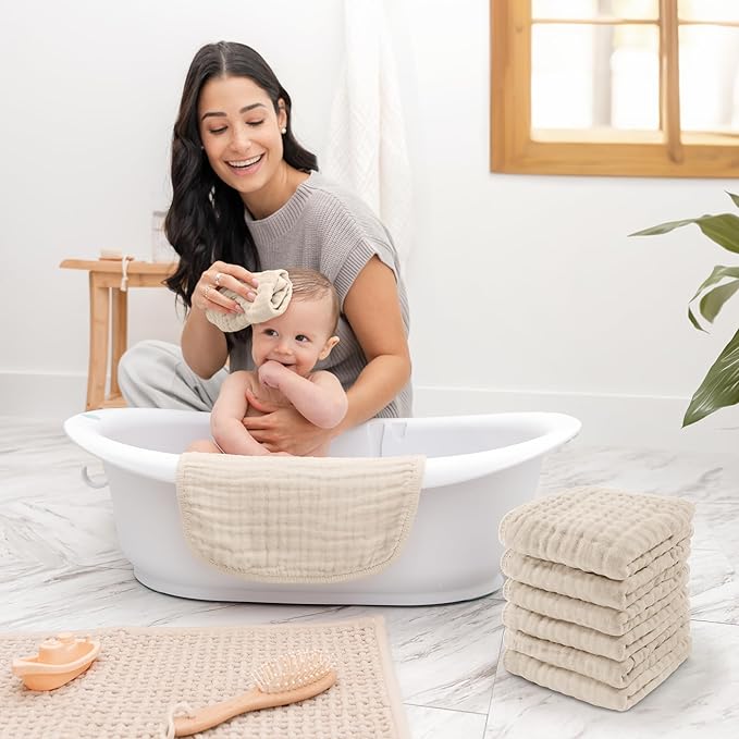 Comfy Cubs Muslin Baby Washcloths 6 Pack - Soft 6-Layer Cotton Wash Cloths for Sensitive Skin - 10"x10" Large, Gentle, Absorbent Infant Essentials for Newborn and Toddlers - Sand