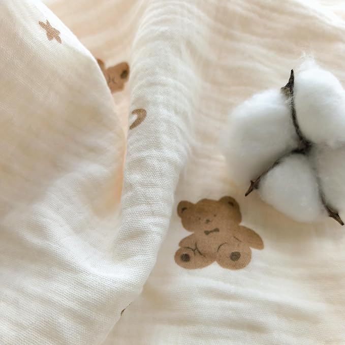 CREVENT 30''X40'' Organic Muslin Cotton Baby Blanket for Newborns, Soft Mink Backing, Essential for Baby Shower Birthday Gift - Bear 75X100cm