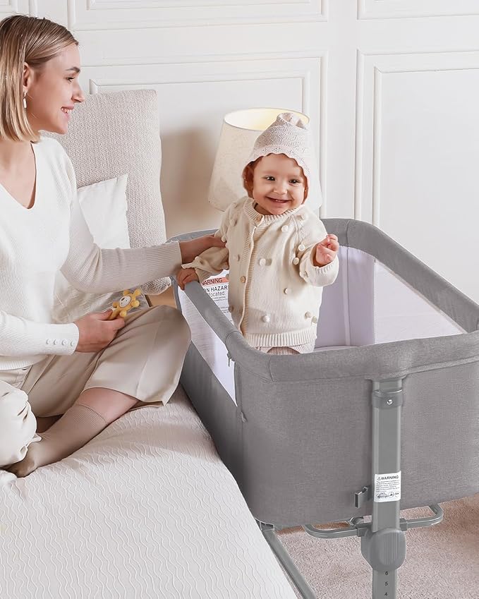 Larex Baby Bassinet, 3 in 1 Bassinets Bedside Sleeper for Newborn, Portable Crib Adjustable 7 Height Bedside Bassinet with Mattress and Wheels Light Grey