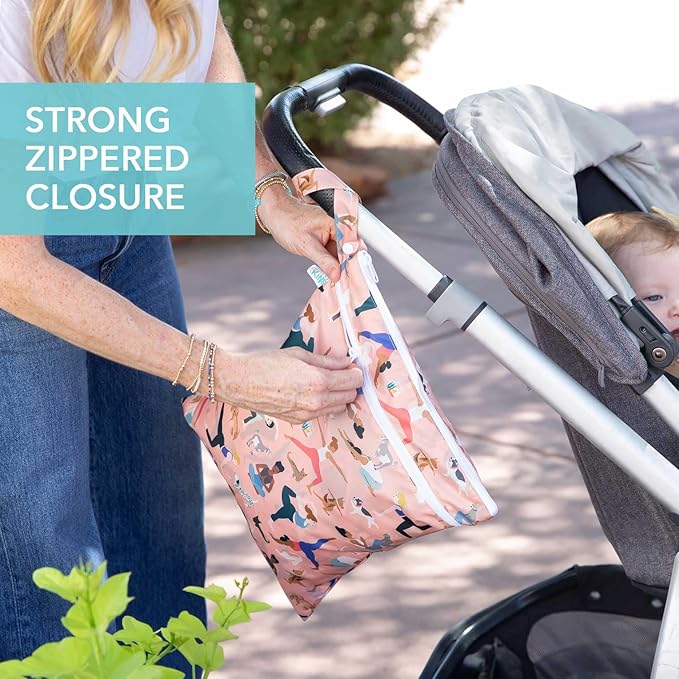 Bumkins Waterproof Wet Dry Bag for Baby, Travel, Swim Suit, Cloth Diapers, Pump Parts, Pool, Beach, Gym Clothes, Toiletry, Hook to Stroller, Daycare, Zipper Reusable Wetdry Packing Pouch, Yoga Pals