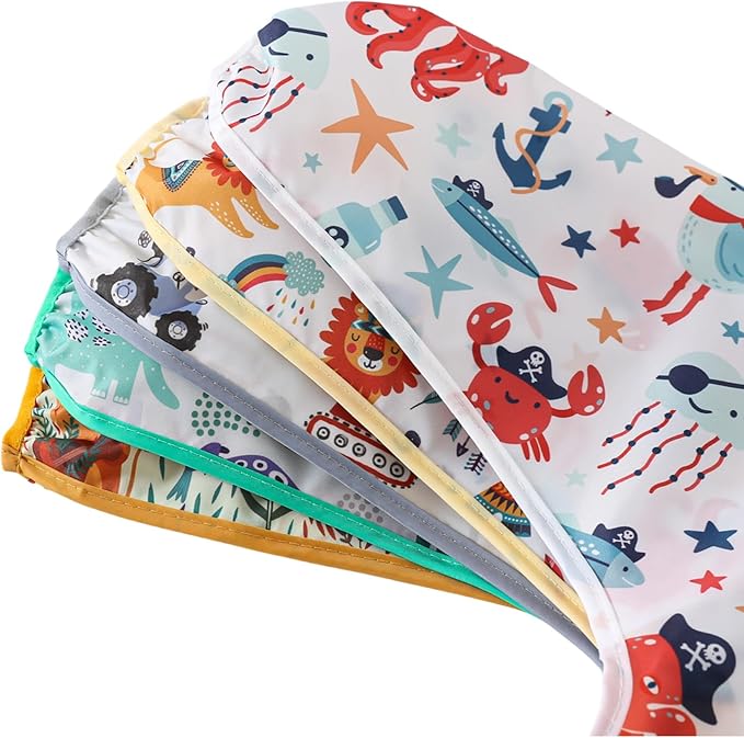 Sleeved Bib,5 Pack,Waterproof Shirt Bibs for Baby 3-24 Months Wipe Clean