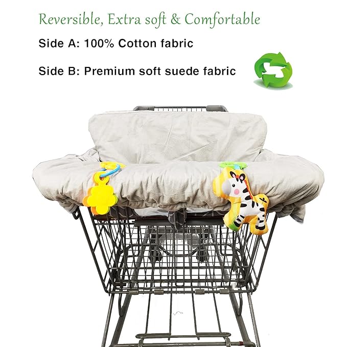 Shopping cart Cover, cart Cover for Babies, Padded high Chair Cover, Split Reversible seat Cushion, Cell Phone Pouch, Collection Pocket, Neutral for boy or Girl