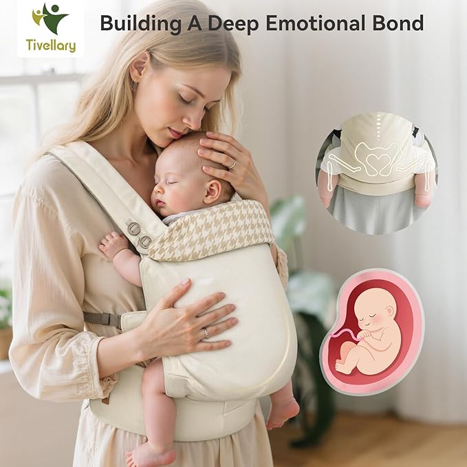 Reversible Baby Carrier, Khaki Solid & Houndstooth; Lightweight, Cooling & Breathable Lyocell Fabric; Ergonomic Lumbar Support and Quick Hands-Free Wear for Newborn to Toddler (7–44 lbs)