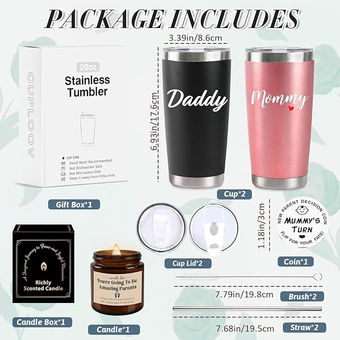 Pregnancy Gifts for New Parents 20 Oz Mom and Dad Tumbler Set for First Time Moms Dads Expecting Parents to Be Mother's Day Father's Day Baby Shower Gender Reveal Presents Xmas Gifts(Rose Gold&Black)