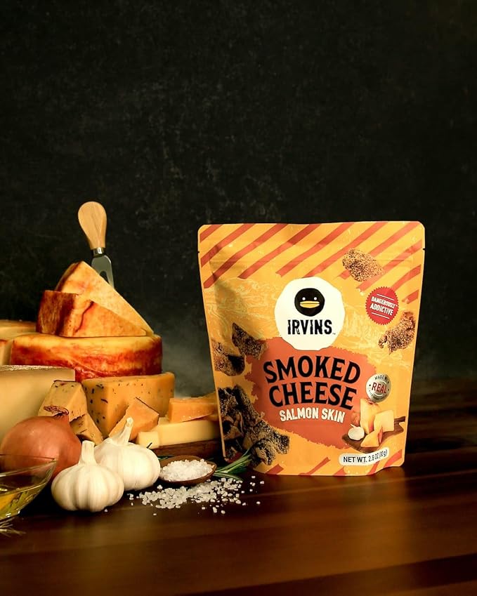 IRVINS Smoked Cheese Salmon Skin Chips Crisps | Premium Hand Cooked | Halal | High Protein | Keto-Friendly | 2.8 oz (Pack of 3)