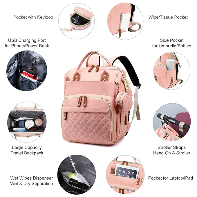 Diaper Bag with Changing Station, Waterproof Baby Bags for Boys & Girls, USB Charging Port for Parents, Must-Have Baby Essentials & Lovely Baby Shower Gifts, Pink
