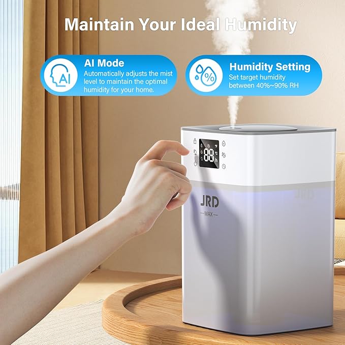 JRD 4L Humidifiers for Bedroom, Cool Mist Humidifier for Large Room, 40H Runtime, 24H Timer, 10 Mist Levels, 360° Nozzle, Night Light for Home, Office, Baby Nursery, Plants(Grey)
