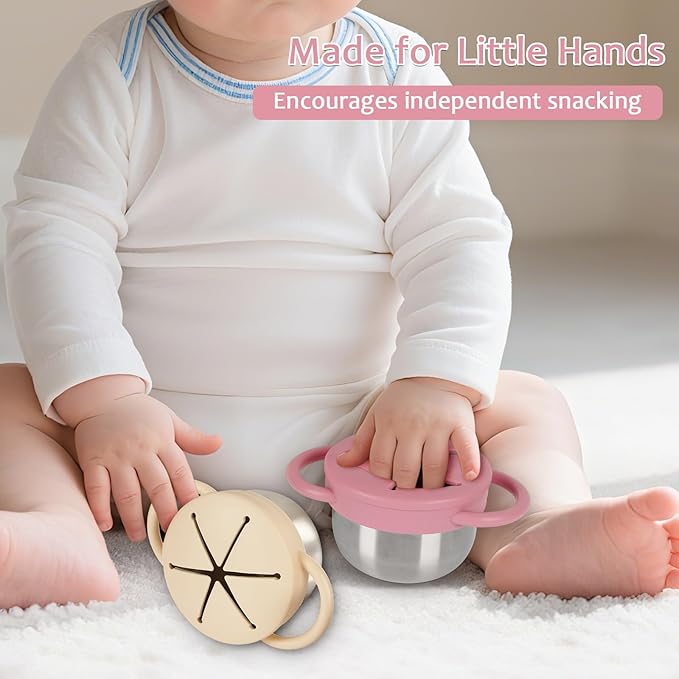2 Pack 304 Stainless Steel Snack Cups for Toddlers, Toddler Snack Containers with Spill-Proof Silicone Travel Lid & Handle, Dishwasher Safe, Removable Snack Cup for Baby, Toddler, Kids