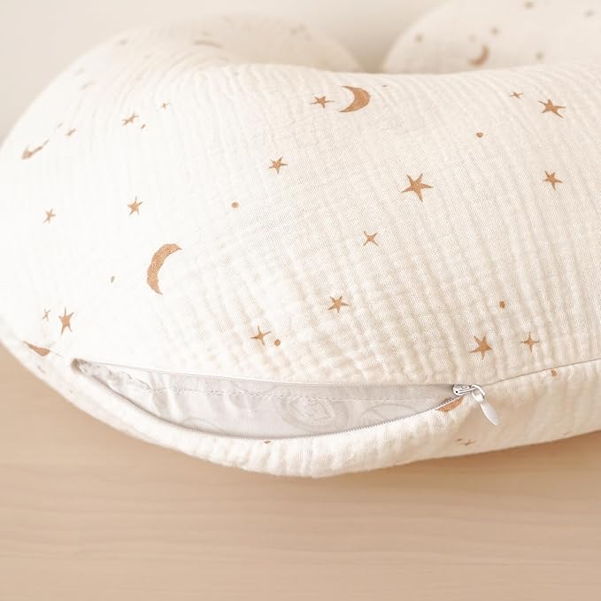 Konssy Muslin Nursing Pillow Covers, Soft and Cute Nursing Covers for Breastfeeding Pillows, Ideal for Newborn Baby Boys and Girls (Camel, Moon) - 2 Pack