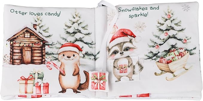 Ali+Oli Baby Cloth Book – Soft Sensory Crinkle Book with Teether for Infants 0-12 Months – Early Learning Touch & Feel Tummy Time Toy – Newborn Shower Gift for Boys & Girls - Christmas Friends