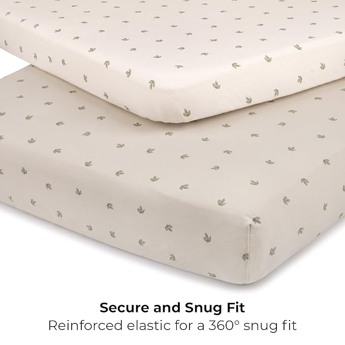 Ely’s & Co. Pack and Play Sheets, for Mini/Portable Crib, 2 Pack Fitted Playpen Play Yard Sheet Set Compatible with Graco Pack n Play, for Baby Boys/Girls, 100% Cotton, Sage Vintage Leaf, 38”x24”x5”