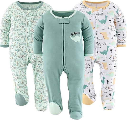 The Peanutshell Baby Sleepers for Boys Set of 3 - Soft Cotton Footed Pajamas for Newborns & Infants - Green Dino