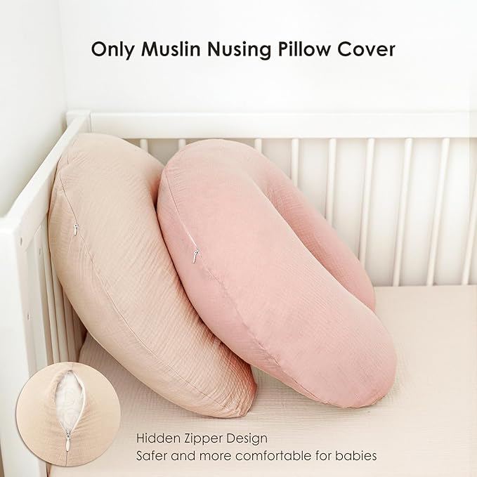 2-Pack Muslin Nursing Pillow Covers, Breathable 100% Cotton Breastfeeding Pillow Slipcovers for Standard Nursing Pillows, Soft Covers for Baby Girls and Boys with Zipper
