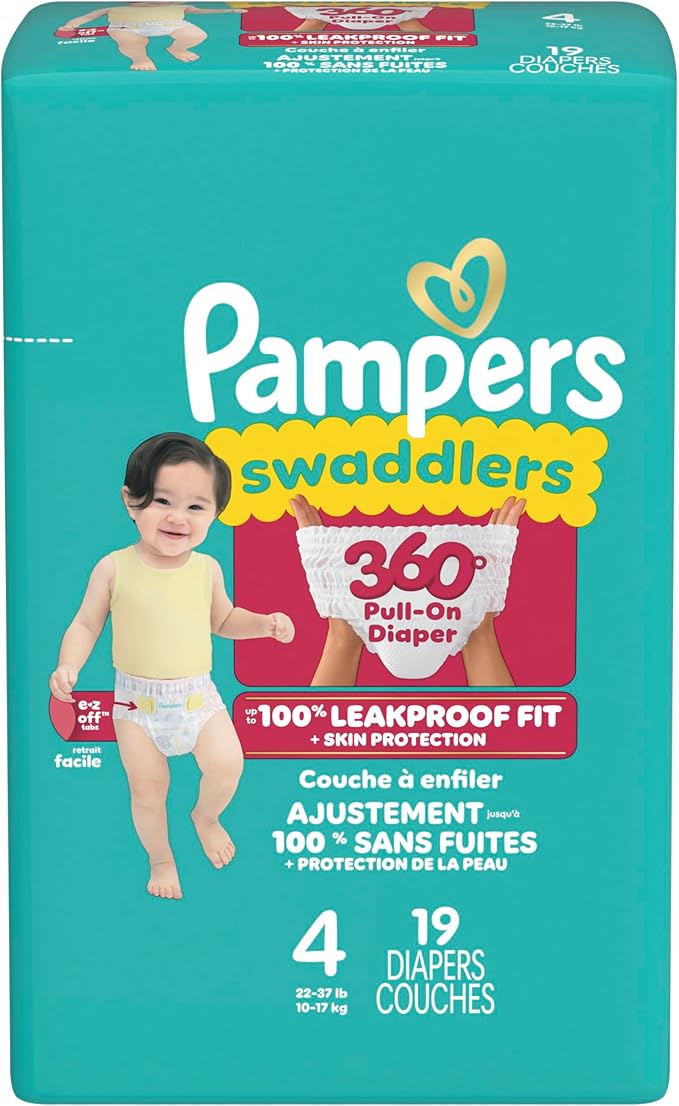 Pampers Diapers - Swaddlers 360° - Size 4, 19 Count, up to 100% Leakproof Comfy Dry Fit, Designed for Easy Changes, Pull On Baby Diaper
