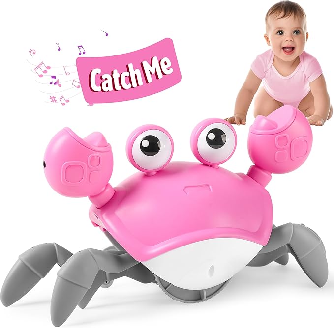 Crawling Crab Baby Girl Toy: Tummy Time Toys for Infant 3 6 9 12 18 24 36 Months, Pink Walking Dancing Sensing Crab for Toddler Age 1 2 3 4, 1st Music Birthday Gifts for Girls