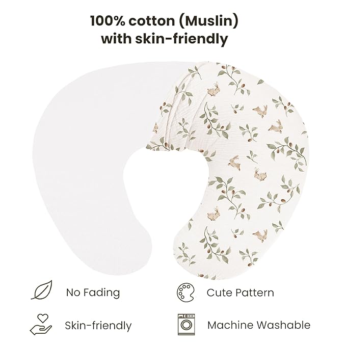 Konssy 2-Pack Muslin Nursing Pillow Covers, Soft & Adorable Nursing Covers for Breastfeeding Pillows, Slipcovers for Newborn Boys & Girls(Chestnut, Rabbit)