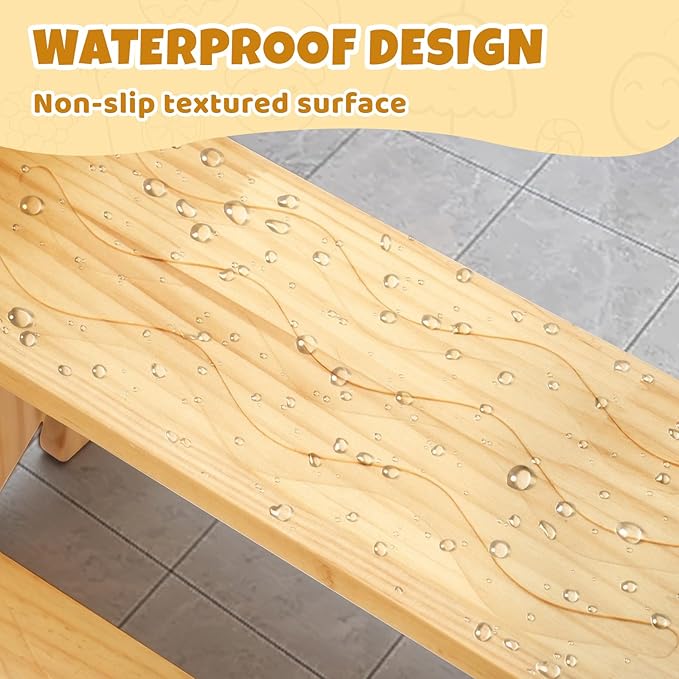 COSYLAND Kids Step Stool with Handle - Height Adjustable 2 Step Stool for Toddlers - Stable Wooden Nursery Step Stool for Toilet Potty Training, Bathroom, Kitchen Easy to Clean (Natural)