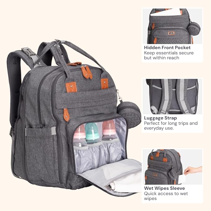 BabbleRoo Extra Large Diaper Bag Backpack, Expandable Baby Bag with Up to 50% More Capacity - Travel Essentials Baby Bag Tote with Changing Pad, Stroller Straps & Pacifier Case - Unisex, Dark Gray