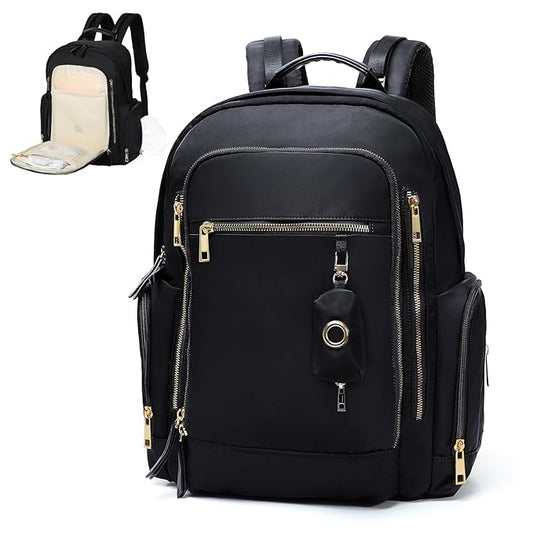 miss fong Diaper Backpack - Mommy & Dad Diaper Bag with Dispenser, 16 Pockets, Large Capacity, Travel & Baby Shower Gifts - Dark Black