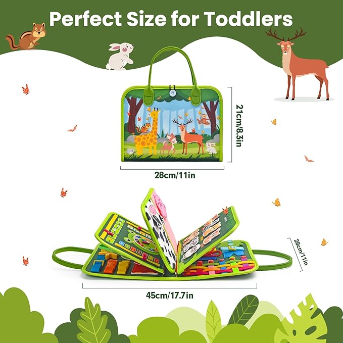 Toddler Busy Board Montessori Toys, Sensory Board Busy Book, Busy Board for Toddlers 2-4, Preschool Learning Activities with Life, Forest Animals Green, 8 Pages and 2 Pages Sensory Mats