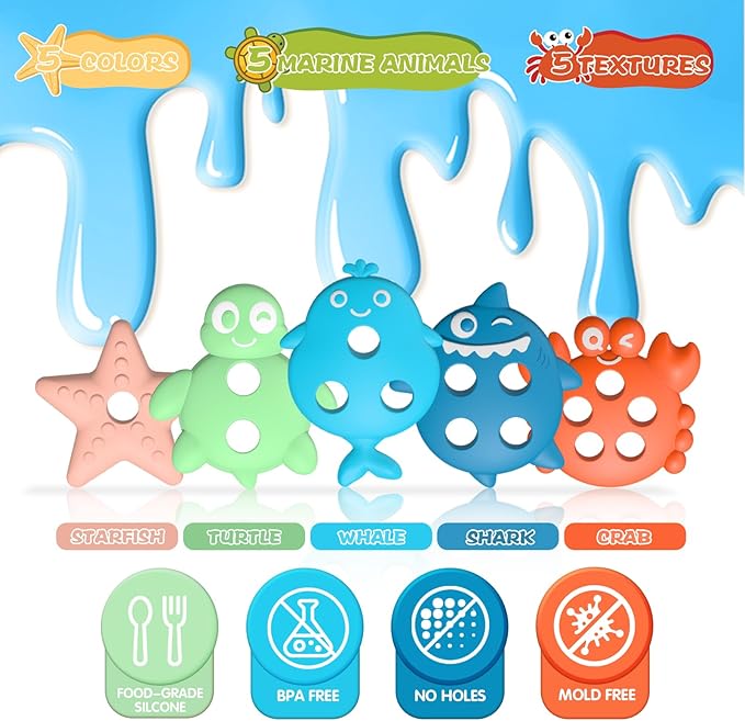 Toddler Bath Toys, Premium Silicone Mold Free Ocean Animal Shape Sorting & Stacking Baby Bath Toys, No Hole Bathtub Floating Toys Gift for Boys Girls, Early Learning Sensory Water Toys, Bathtime Fun