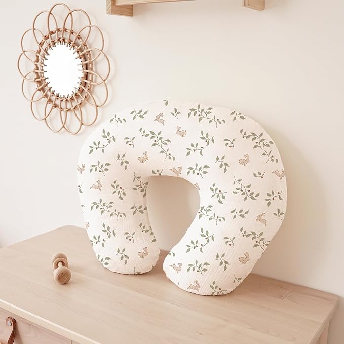 Konssy Muslin Nursing Pillow Covers, Soft and Cute Nursing Covers for Breastfeeding Pillows, Ideal for Newborn Baby Boys and Girls (Fog Green, Sprout) - 2 Pack