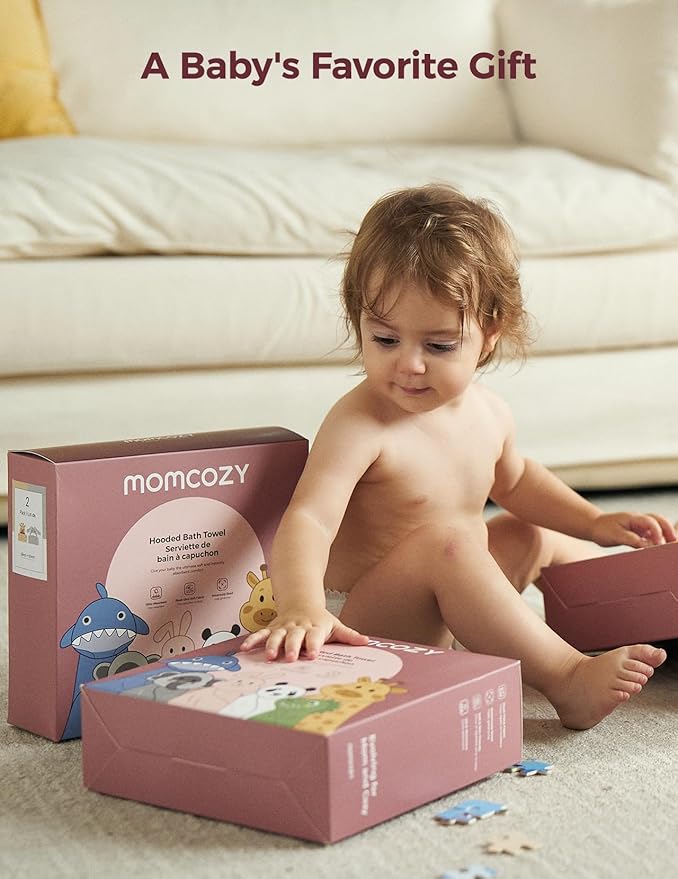 Momcozy Baby Bath Towels with Hooded -Visualize Health Label -Soft & Absorbent Coral Fleece Towel for Comfort & Warm - Bath Essential or Shower Gift for Newborn, Infant,Toddler (Large, 28 x 55 Inch)