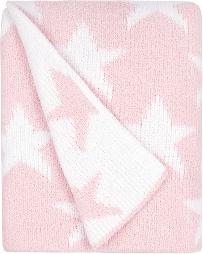 Living Textiles Pink Star Chenille Soft Baby Blanket Reversible Premium Cozy Fabric for Best Comfort - for Infant,Toddler,Newborn,Nursery,Boy,Unisex,Throw,Crib,Stroller,Gift, Pink Star 40x30
