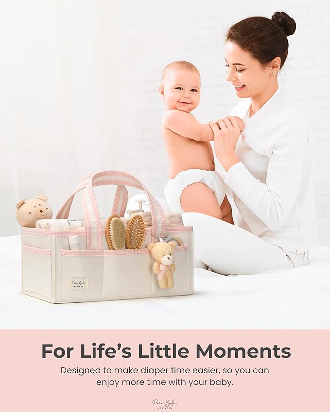 PeraBella XL Diaper Caddy Organizer With Handle, Baby Shower Gifts Basket Bag, Registry Search Must Haves Items, Newborn Girl Boy Nursery Storage Organizer, Baby Bag Essentials, Car Diaper Caddy Cart