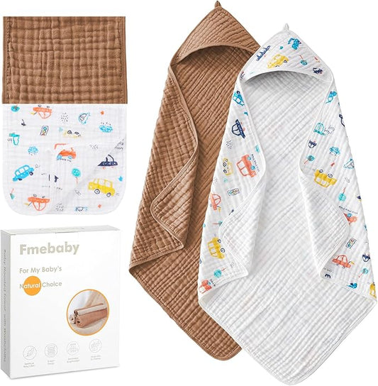 Hooded Baby Towels for Newborn, 2 Pack 36x36Inch Muslin Cotton Baby Bath Towel and 2 Pack 12x12Inch Washcloth Set with Hood for Babies, Toddler and Kids, Essentials Must Haves (Coffee and Car)