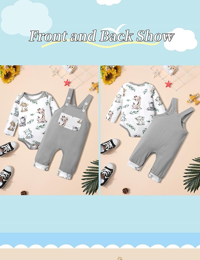 Baby Boy Clothes Long Sleeve Animal Plaid Romper + Overalls Infant Boy Clothes 2PCS Fall Winter Outfits