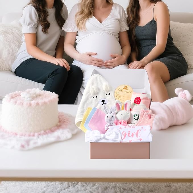 Baby Girl Gifts Basket, Newborn Girl Essentials for Baby Shower, Hooded Bath Towel, Muslin Swaddle Blanket, Girl Bodysuit, Bunny Rattle, Lovey, Baby Bibs, New Mom Gifts Box for Women