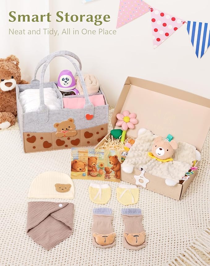 Coralogo Baby Shower Gift Basket - Baby Gift Set with Practical Diaper Caddy, Gifts for New Mom, Gender Reveal Gifts, New Born Essential Include Security Blanket Hat Bib Socks Mittens, Boy & Girl