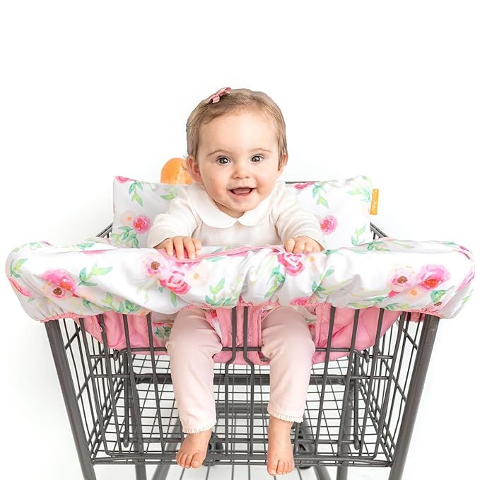2-in-1 Cushy High Chair Cover and Shopping Cart Cover for Baby, Comfortable Cover for Grocery Cart, Universal Fit Cart Cover for Babies, Includes Storage Pouch - Full Bloom