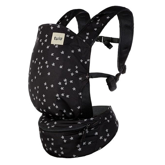 Baby Tula Lite Ripstop Nylon Compact Baby Carrier, Lightweight & Ergonomic Carrier for Travel w/Convenient Storage Hip Pouch, Multiple Carrying Positions for 12lbs to 30lbs - Discover (Black/Stars)