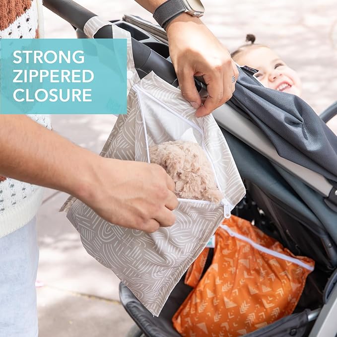 Bumkins Waterproof Wet Bag for Baby, Travel, Swim Suit, Cloth Diapers, Pump Parts, Pool, Beach, Gym Clothes, Toiletry, Hook to Stroller, Daycare, Zipper Reusable Wetdry Packing Pouch, Boho Beige