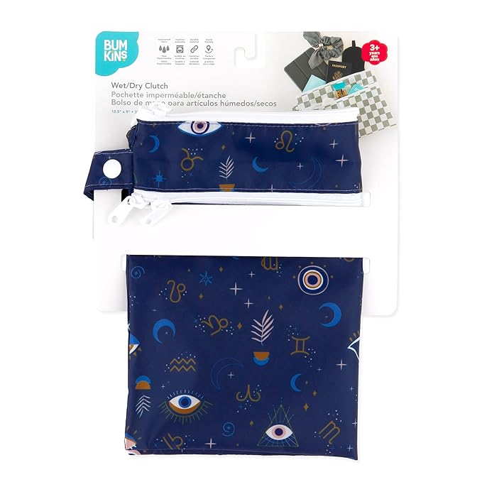 Bumkins Waterproof Wet Dry Clutch Bag for Baby, Travel, Swim Suit, Cloth Diapers, Pump Parts, Pool, Gym Clothes, Toiletry, Hook to Stroller, Pack for Daycare, Zip Bag, Packing Pouch, Evil Eye