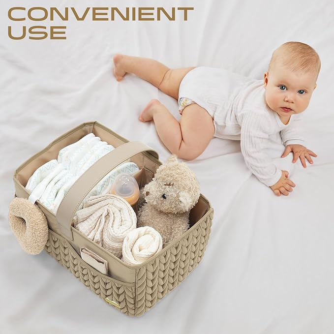 Luxurious Baby Diaper Caddy, Nursery Storage Basket for Newborn Essentials, Travel Baby Basket for Diapers Baby Wipes, Organizer Tote Bag Storage Bin, Baby Shower Gifts(Beige)