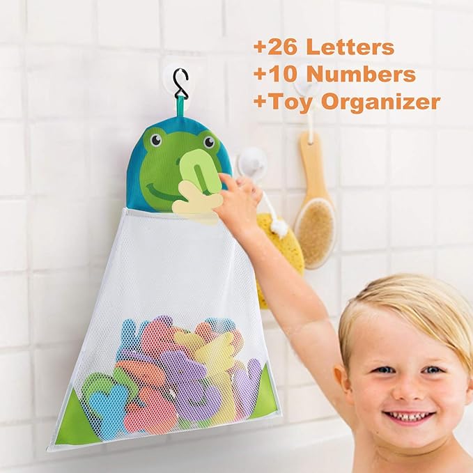 Bath Toys Organizer + 36 Soft Foam ABC 123 Letters & Numbers Bathroom Alphabet Baby Toys for Early Learning Foam Letters and Quick Dry Storage Net Bag