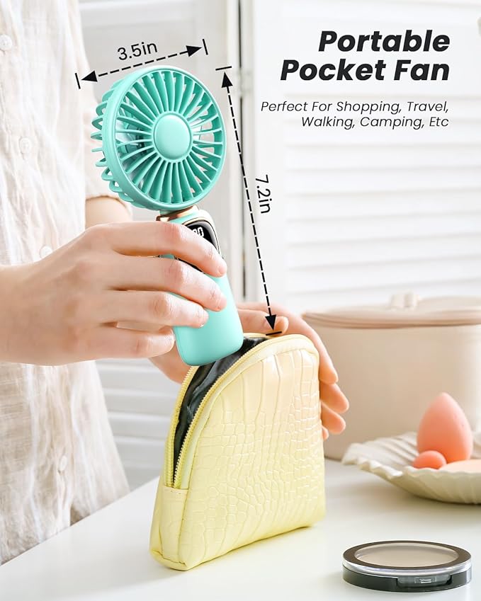 Portable Handheld Fan, 4000mAh Battery Operated Fan with LED Display, Handheld/Neck/Desk 3 in 1 Personal Small Fans, 90ยฐ Foldable Desk Fan with Base, 5 Speed Makeup Lash Fan for Women Green
