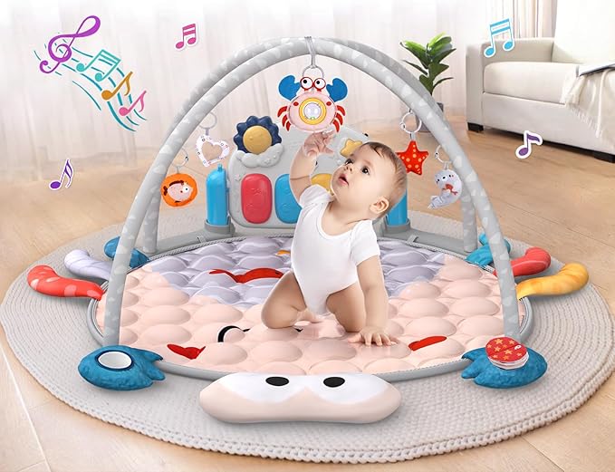 Baby Play Mat Baby Toys Tummy Time Mat for Newborn Infant Toy Piano Music & Light with 5 Toy Musical Activity Center Baby Boy Girl Gifts Toys for Baby Toys 3 6 9 12 Months, Crab Theme