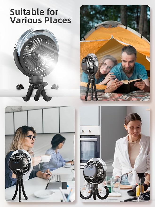 Misting Stroller Fan, 6000mAh Battery Operated Portable Fan with Light & 360° Pivoting, Personal Fans with Flexible Tripod for Baby, Office, Travel,Treadmill,Outdoors