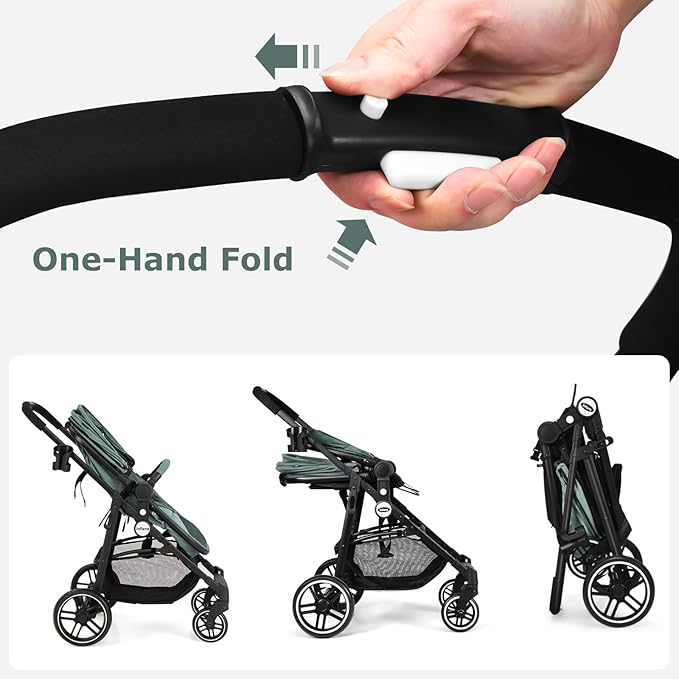 INFANS 2 in 1 Baby Stroller, High Landscape Infant Stroller & Reversible Bassinet Pram, Foldable Pushchair with Adjustable Canopy, Cup Holder, Storage Basket, Suspension Wheels (Green)