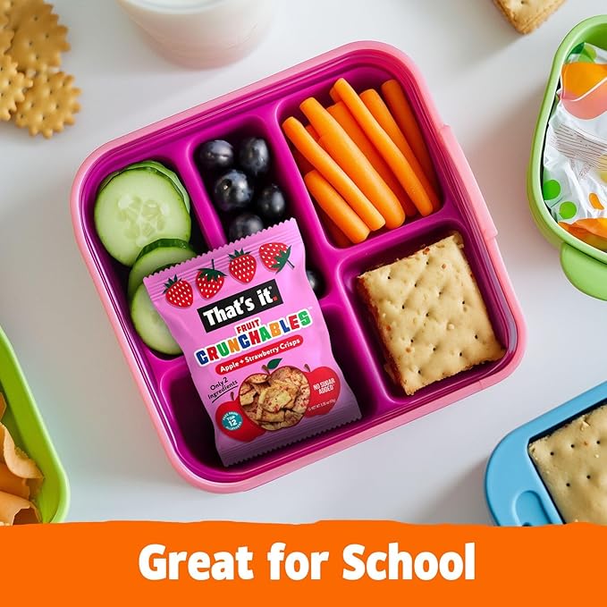 That’s it. Fruit Crunchables Apple + Strawberry Crisps, 15-Pack – 100% Real Fruit Snacks for Kids, Plant-Based, Non-GMO, Gluten-Free, No Sugar Added, Allergen-Free, Healthy Lunchbox Snack