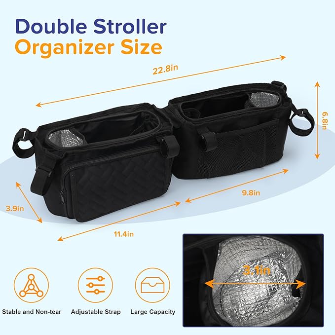 Double Stroller Caddy Organizer with 2 Insulated Cup Holder, Parent Console Fits for BOB Duallie, Jeep, Baby Jogger City Mini GT2 and UPPAbaby, Double Jogging Stroller Accessories