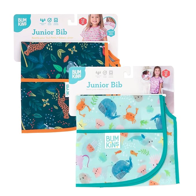 Bumkins - Junior Bib - For Boys & Girls, Toddlers & Kids 1-3 Years - Lightweight, Durable, Waterproof - Short Sleeve Bib - Catch-All Pocket - Wipeable & Machine Washable - Jungle & Ocean - 2 Pack