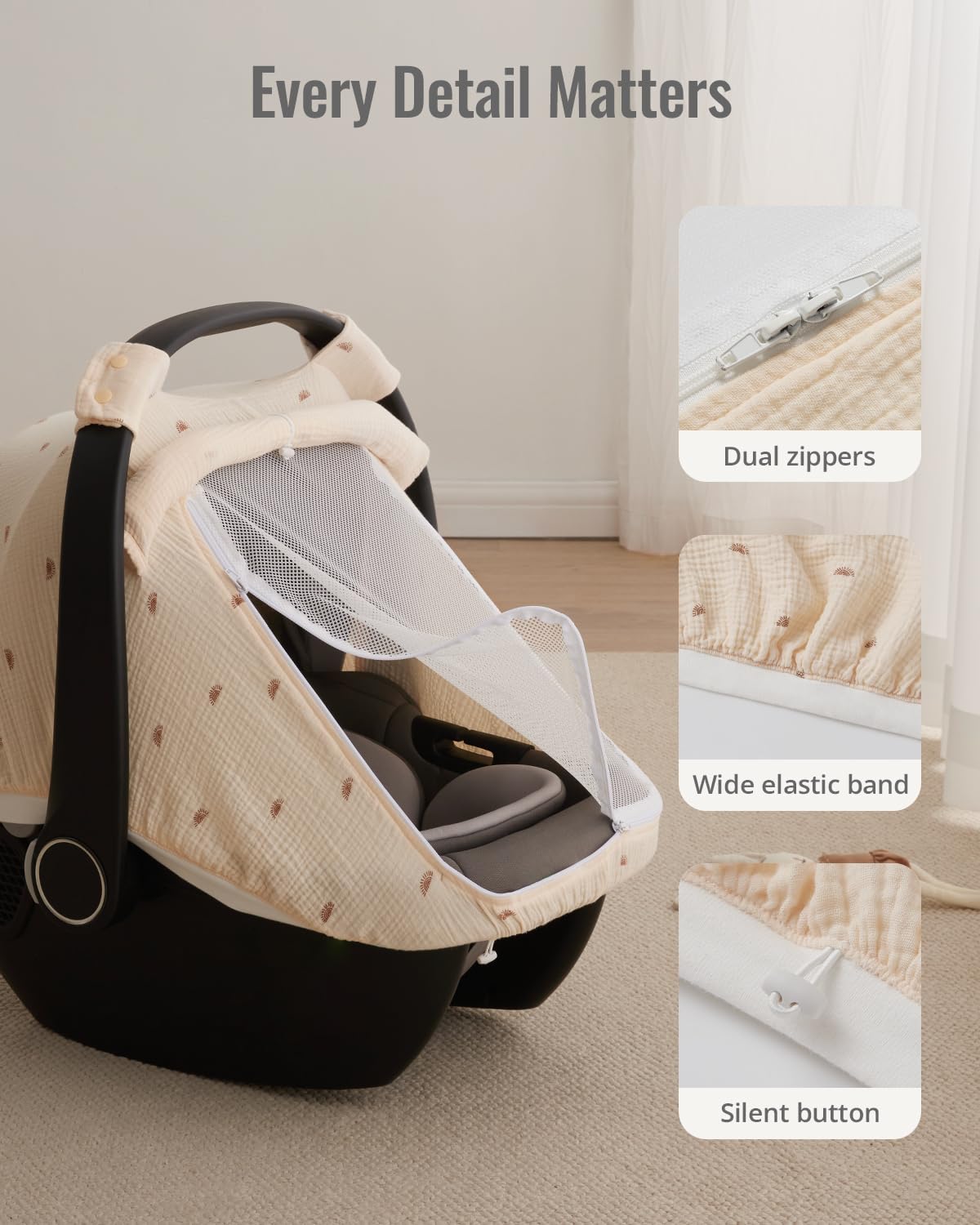 Blissful Diary Baby Car Seat Cover, Extra Large Mesh Window, Breathable Muslin Cotton, Infant Windproof Canopy, Must-Have Baby Gift - Roman Green